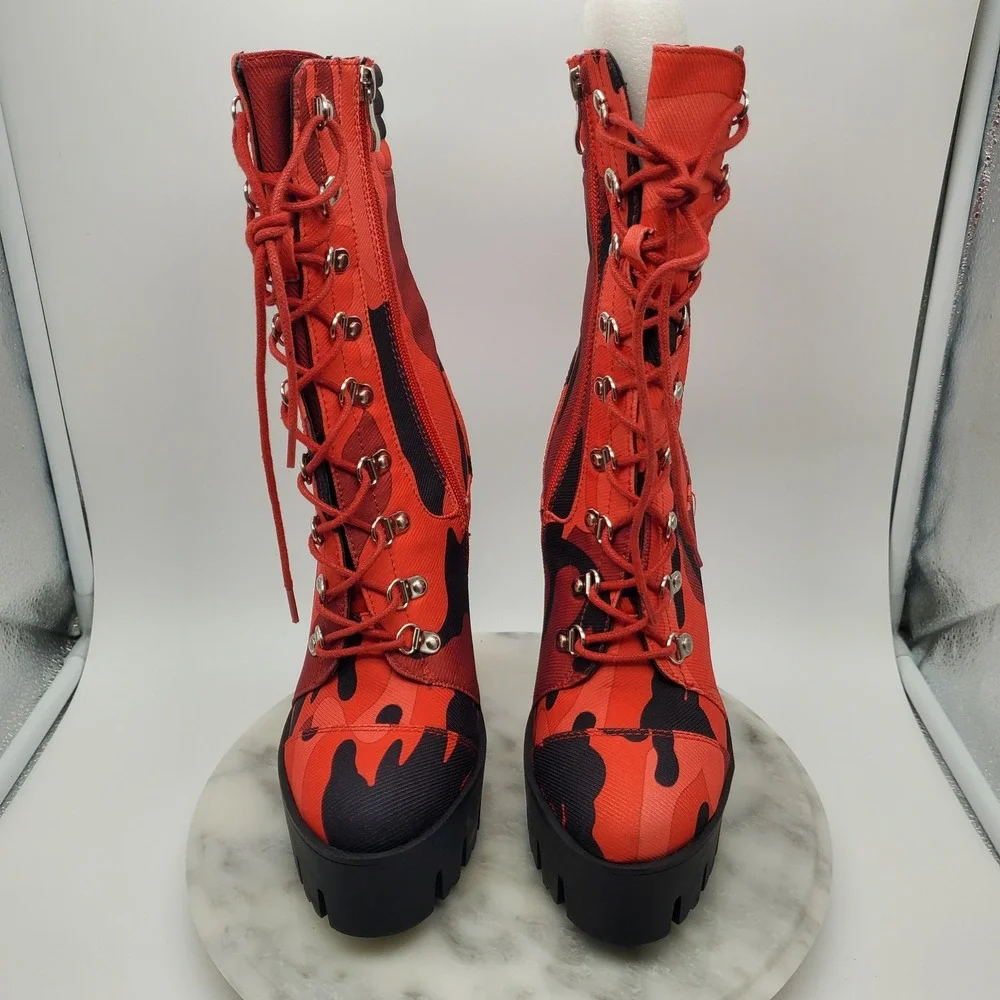 AZALEA WANG Put‎ It Down On Me Chunky Platform Boots Red Camo Lace Up Zipper 8.5